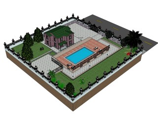 现代欧式泳池别墅草图大师模型，别墅SU模型下载