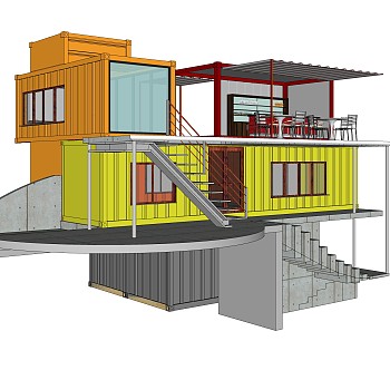 工业风集装箱住宅su模型下载，住宅外观草图大师模型分享