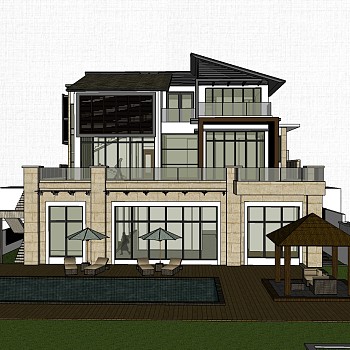 新中式泳池别墅草图大师模型，新中式风格别墅su模型下载
