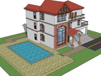 现代独栋泳池别墅草图大师模型，别墅SU模型下载