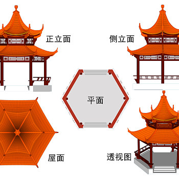 中式六角亭cad施工图，景观亭cad竣工图下载