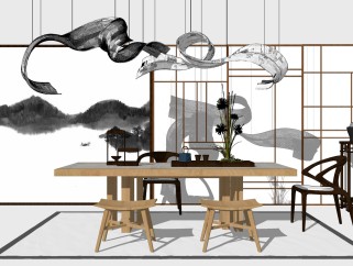 中式茶桌椅su模型，简约 茶桌sketchup模型下载
