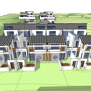 中式联排别墅草图大师模型，别墅sketchup模型下载