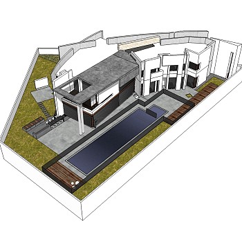 欧式泳池别墅草图大师模型，别墅SU模型下载