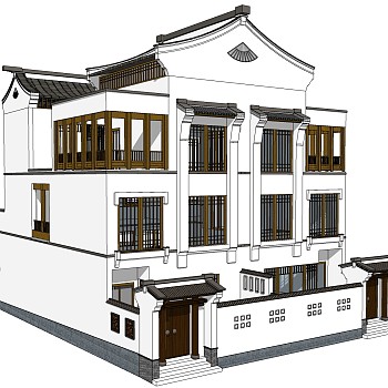 新中式徽派建筑草图大师模型，古建民俗sketchup模型免费下载