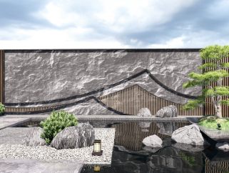 新中式景墙 景墙围墙 假山石头 禅意景观 新中式背景墙 罗汉松
